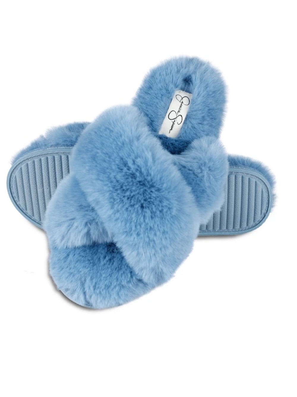 Plush Baby Blue Memory Foam FauxFur Slippers w/Cross Band Detail-Jessica Simpson